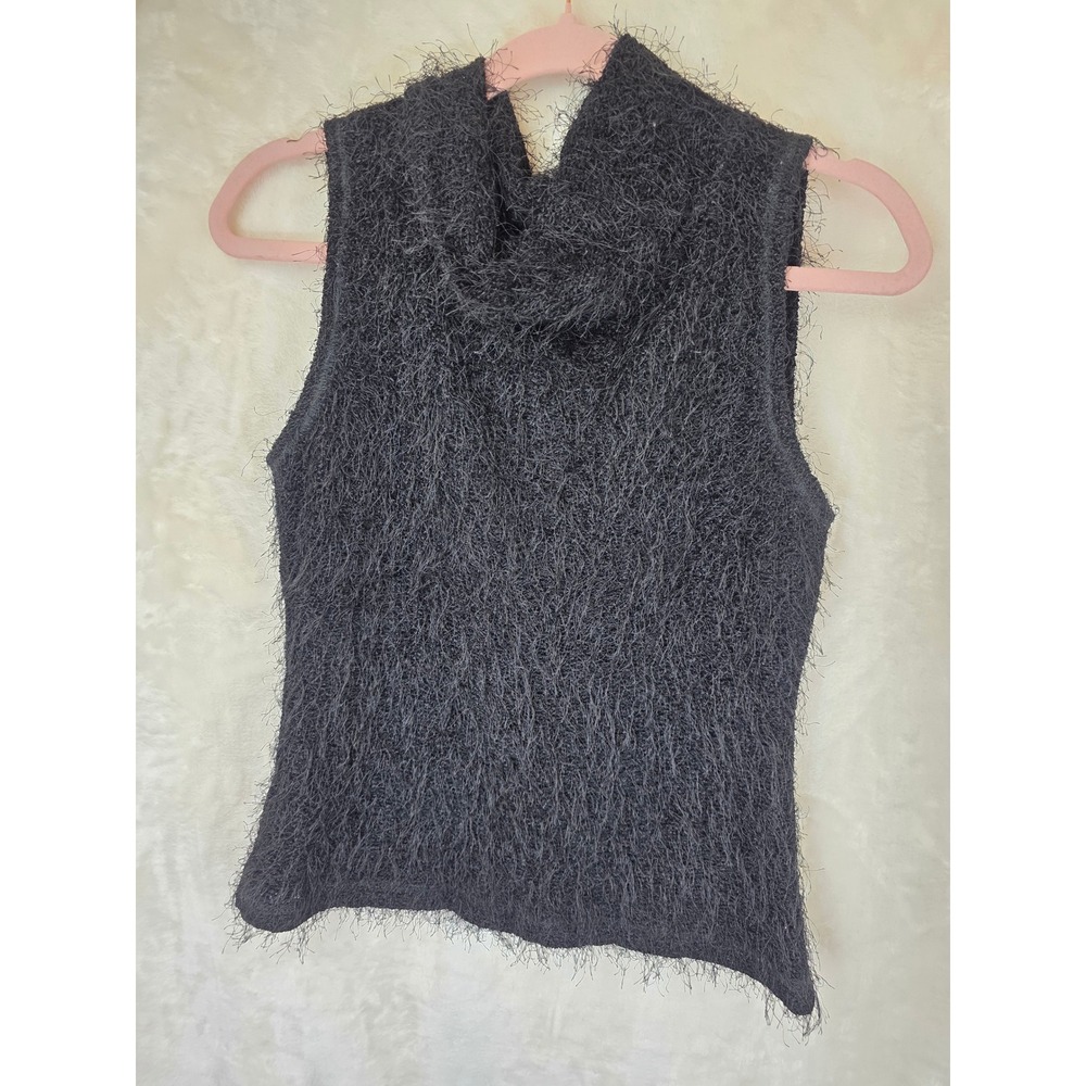 Karen Kane Lifestyle Women Black Eyelash Knit Cowl Neck Sleeveless Sweater Small